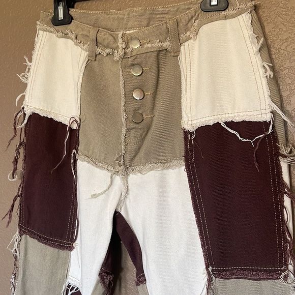 Brown khaki and white Patchwork Jeans size medium - Picture 2 of 6